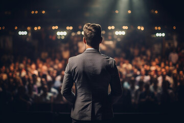 Handsome male motivational speaker holding a microphone in front on an audience. Man in a spotlight talking to a crowd.