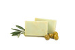 © Avocado_studio - Natural bar of soap with olive oil extract isolated on white background. Pieces of green soap on a white background.