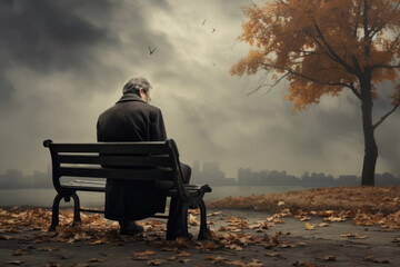 Sad senior man sitting alone on a bench in city park on autumn day. Elderly man enjoying nice fall weather.