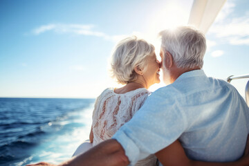 Beautiful retired senior couple enjoying cruise vacation. Senior man and woman having fun on a cruise ship. Old man and old lady travelling by sea.