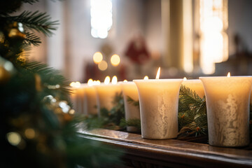 Lots of candles burning in church during Christmas time. Celebrating Christmas in church. Festive church decoration.