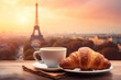 © MNStudio - Cup of coffee with croissants against parisian background.