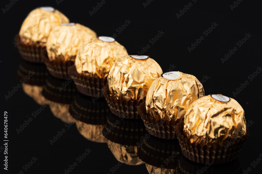 Dnipro. Ukraine 05.03.2023: Ferrero Rocher chocolate and hazelnut ...
