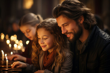 Beautiful Christian family with a child praying over candles in church. Father and his two kids worship as a family. Believers in Christ.