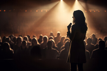 Beautiful female motivational speaker holding a microphone in front on an audience. Woman in a spotlight talking to a crowd.