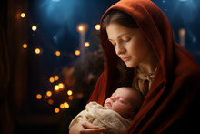 Mary Holding Baby Jesus On Christmas Day. Christmas Lights In Background. Nativity Scene.
