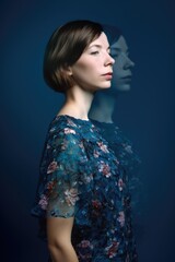 Wall Mural - illusion, fashion and portrait of a woman with a dress isolated in studio on blue background