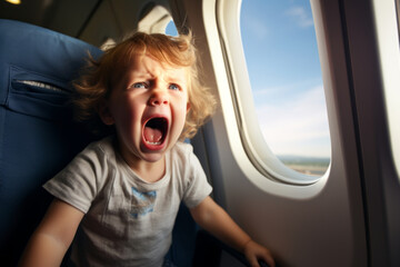 Toodler boy having a temper tantrum while sitting by airplane window. Angry child screaming and crying in aircraft cabin. Travelling with small kids. Flying with children.