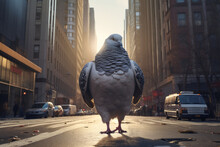 Giant Huge Enormous Pigeon Walking City Street On Busy Morning.
