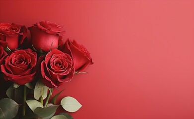 Wall Mural - A bouquet of red roses on red pastel background in flat lay style.