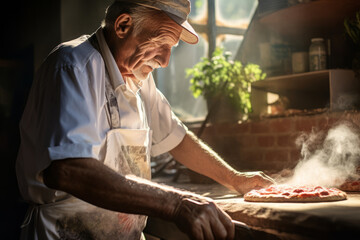 Elderly owner baking fresh pizza in his pizzeria. Elderly pizzaiolo making a pizza at the bakery on sunny day.