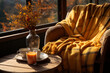 Leinwandbild Motiv Cozy warm autumn composition with cup of hot tea, burning candle, open book and pumpkins on wooden background. Autumn home decor. Fall mood. Thanksgiving. Halloween.