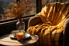 Cozy Warm Autumn Composition With Cup Of Hot Tea, Burning Candle, Open Book And Pumpkins On Wooden Background. Autumn Home Decor. Fall Mood. Thanksgiving. Halloween.