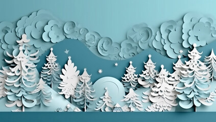 Wall Mural - background christmas winter snowflakes blue paper origami tree art landscape merry. Generative AI.