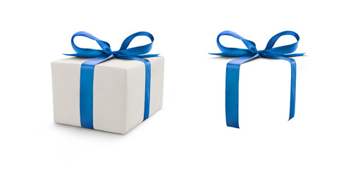 a side view of a wrapped christmas present with a blue bow made from ribbon isolated against a trans