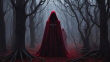 A Mysterious Witch In Red Dress Cloaked In Red Chaos Energy In The Forest With Barren Trees