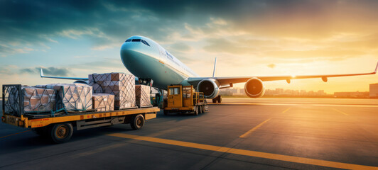 Air cargo freighter Logistics import export goods of freight global, Process of handling, Luggage loading with high loader at the Airport.