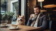 business Bearded man formal suit relax take a break with his best friend dog drinking coffee in cafe with dog in his lap.