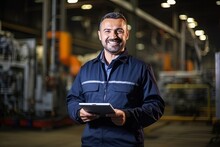 Portrait Of Professional Engineer Manager Inspector In Uniform And Tablet Smile Confident In Warehouse Store Distributor Factory With Happiness At Work Engineer On Site