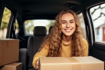 cheerful woman carrying cardboard box sit seat in car moving home or shopping and transportation with hwe own car,relocation concept