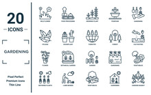 Gardening Linear Icon Set. Includes Thin Line Wild Flower, Foliage, Flower, Watering Plants, Hanging Basket, Forestry, Vegetables Icons For Report, Presentation, Diagram, Web Design