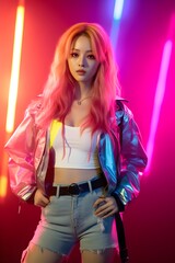 Young pretty Asian woman with glitter make-up wearing sporty fashion, white clothes, model posing isolated on a colorful modern pink and blue background, k-pop style