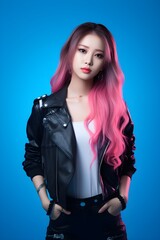 Wall Mural - Young pretty Asian woman with glitter make-up wearing sporty fashion, white clothes, model posing isolated on a colorful modern pink and blue background, k-pop style