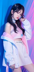 Wall Mural - Young pretty Asian woman with glitter make-up wearing sporty fashion, white clothes, model posing isolated on a colorful modern pink and blue background, k-pop style