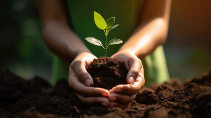 Wall Mural - Woman holds fertile soil in his hands with growing green seedling.