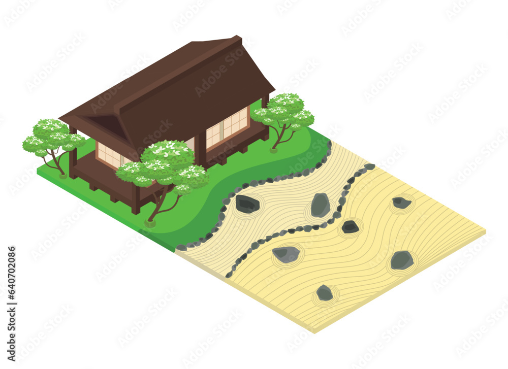 isometric house in traditional japanese style with zen garden, stones ...
