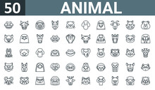 Set Of 50 Outline Web Animal Icons Such As Crocodile, Cow, Lion, Camel, Otter, Duck, Parrot Vector Thin Icons For Report, Presentation, Diagram, Web Design, Mobile App.