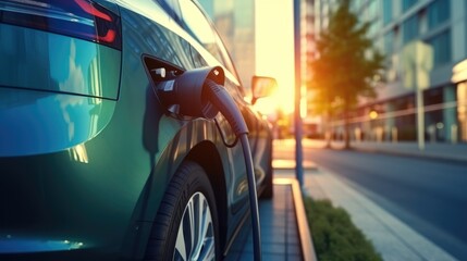 Charging car at modern fast electric vehicle chargers station in city, Generative AI