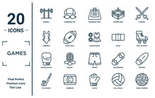 Games Linear Icon Set. Includes Thin Line Barbell, Swimsuit, Boxing Glove, Ice Hockey, Sepak Takraw, Cheerleader, Surfing Icons For Report, Presentation, Diagram, Web Design