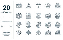 Water In The Nature Linear Icon Set. Includes Thin Line Wetland, Stream, Pond, Snow, Flood, Fjord, Ocean Icons For Report, Presentation, Diagram, Web Design