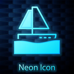 Sticker - Glowing neon Yacht sailboat or sailing ship icon isolated on brick wall background. Sail boat marine cruise travel. Vector