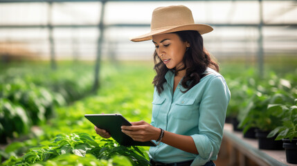 Wall Mural - Female farmer stands and holds tablet in her hands against background of field.