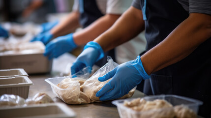 Food for charity. A volunteer prepares food for charity.