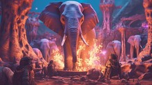 Elephant Skeletons Hanging Out By A Bon Fire Psychedel.Generative AI