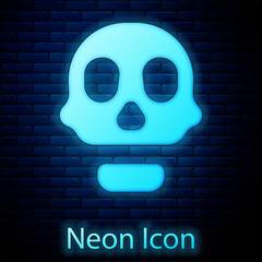 Poster - Glowing neon Skull icon isolated on brick wall background. Happy Halloween party. Vector