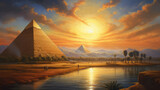 Fototapeta Natura - oil painting on canvas, view of pyramid. Artwork. Big ben. Pyramid as sunset. Egypt (ai generated)