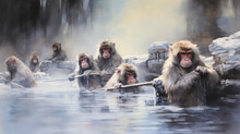 Illustration Drawing Of Japanese Snow Monkey Onsen (macaques) In The Pool In Winter (ai Generated)
