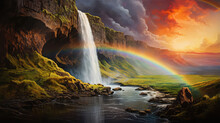 Illustration Of A Beautiful Seljalandsfoss Waterfall With Rainbow In Iceland During The Sunset. Location: Seljalandsfoss Waterfall, Part Of The River Seljalandsa, Iceland (ai Generated)