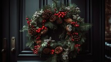  Close-up Of A Festive Christmas Wreath Made Of Green Pine Branches, Red Berries And Pine Cones  Hanging On A Door