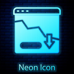 Poster - Glowing neon Financial growth decrease icon isolated on brick wall background. Increasing revenue. Vector