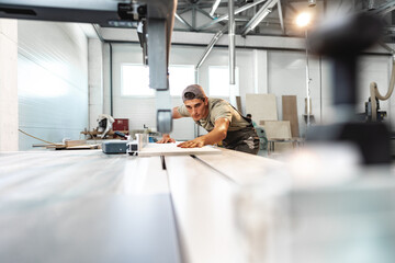 Wall Mural - Young carpenter cutting a piece of wood in using a circular saw in furniture factory