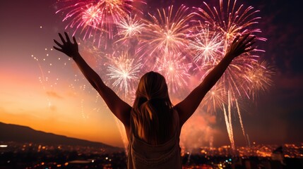 Wall Mural - portrait Beautiful girl enjoying on music open air festival with group of millennials dancing with joy and excitement at a lively music festival on fireworks light background, Generative AI