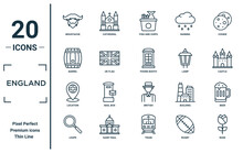 England Linear Icon Set. Includes Thin Line Moustache, Barrel, Location, Loupe, Rose, Phone Booth, Beer Icons For Report, Presentation, Diagram, Web Design