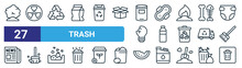 Set Of 27 Outline Web Trash Icons Such As Smoke, Radioactive, Recycling, Sanitary Napkin, Bottles, Sweep, Watermelon, Vector Thin Line Icons For Web Design, Mobile App.