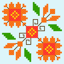 Seamless Pattern With Flowers. Tribal Pattern. Local Fabric Pattern. Pixel Pattern. Cross Stitch