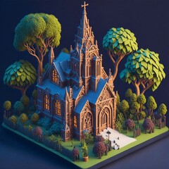Mystical church in the forest. Fantasy 3D illustration model.
